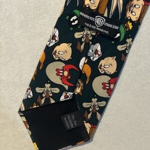 Warner Bros Looney‎ Tunes Silk Tie Character Print Green OS 90s Vintage Retro